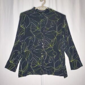 Vikki Vi 2X Button Top Women Slinky Stretch Black Outlined Floral Coastal Travel